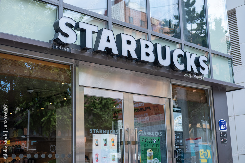 Seoul, South Korea 3 September 2023 Starbucks, exterior view from