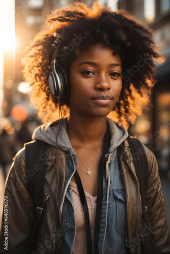 a closeup photo portrait of beautiful black afro american teenage girl walking and listening to music with over-ear headphones. Image created using artificial intelligence. © kapros76