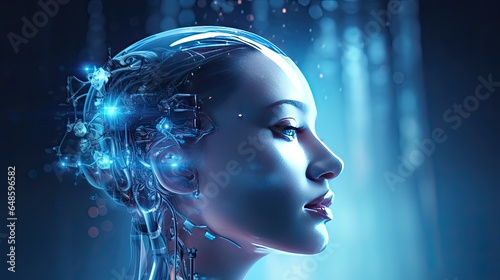 3D rendering of a female robot on blue background with copy space