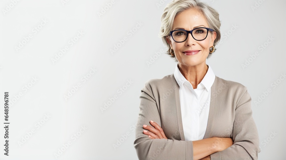 Middle age beautiful businesswoman wearing glasses standing over isolated white background with a happy . generative ai - obrazy, fototapety, plakaty 