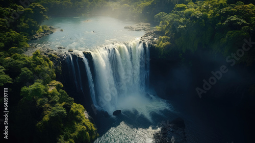 A breathtaking aerial view from a drone capturing a cascading waterfall in a serene setting