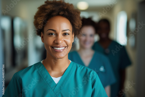 ortrait of a young nursing student standing with her team in hospital, dressed in scrubs, Doctor intern