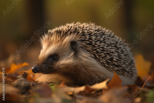 A hedgehog walking through a colorful autumn forest