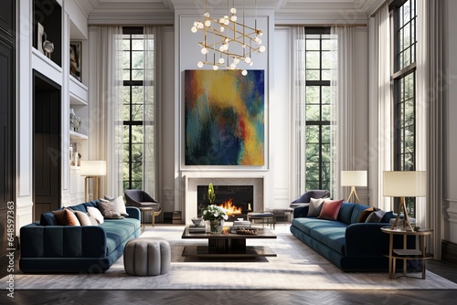 beautiful living room in modern classic room interior design with wall acccent with poster frame with colorful painting house beautiful living room with full height window and daylight photo