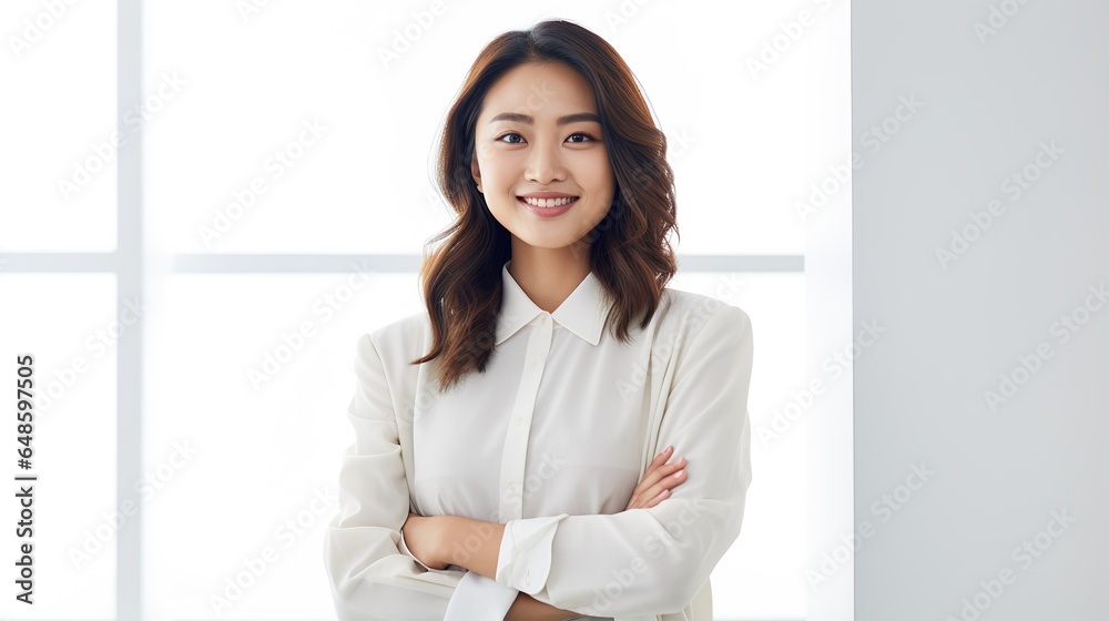 Closeup photo of a lovely Asian woman with a happy young business asian woman and a blank copy space room for content or a phrase. generative ai