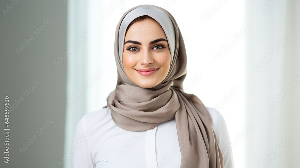 Young business arab woman isolated against a white background happy, smiling and cheerful. generative ai Young business arab woman isolated against a white background happy, smiling and cheerful. generative ai