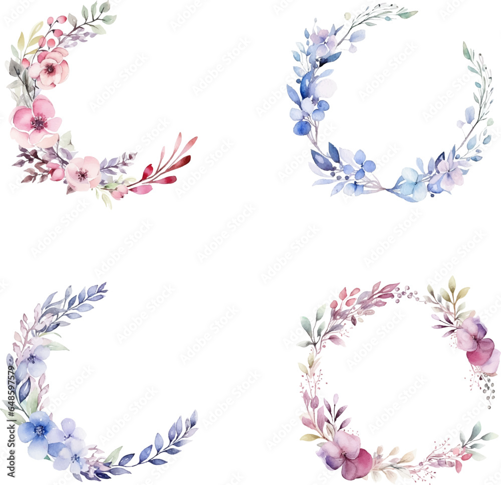 set of watercolor round flower frame illustrations, template wedding invitation card