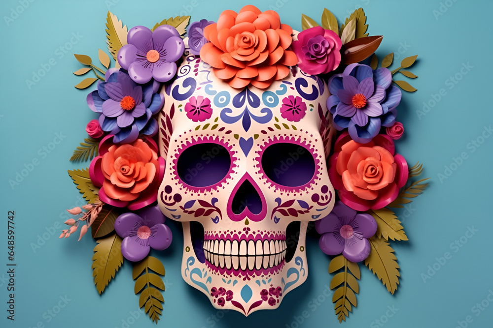 Sugar skull with flowers on blue background, Day of the Dead