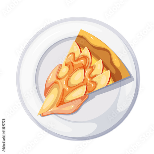 Apple pie slice on plate, top view vector illustration. Cartoon isolated triangle piece of baked tart with sliced apple in filling and caramel sauce, tasty homemade golden dessert of autumn harvest