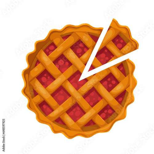 Cherry pie with slice, top view vector illustration. Cartoon isolated round sliced sweet baked cake with red berry jam, lattice of crust dough and triangle piece, homemade cherry tart for dessert