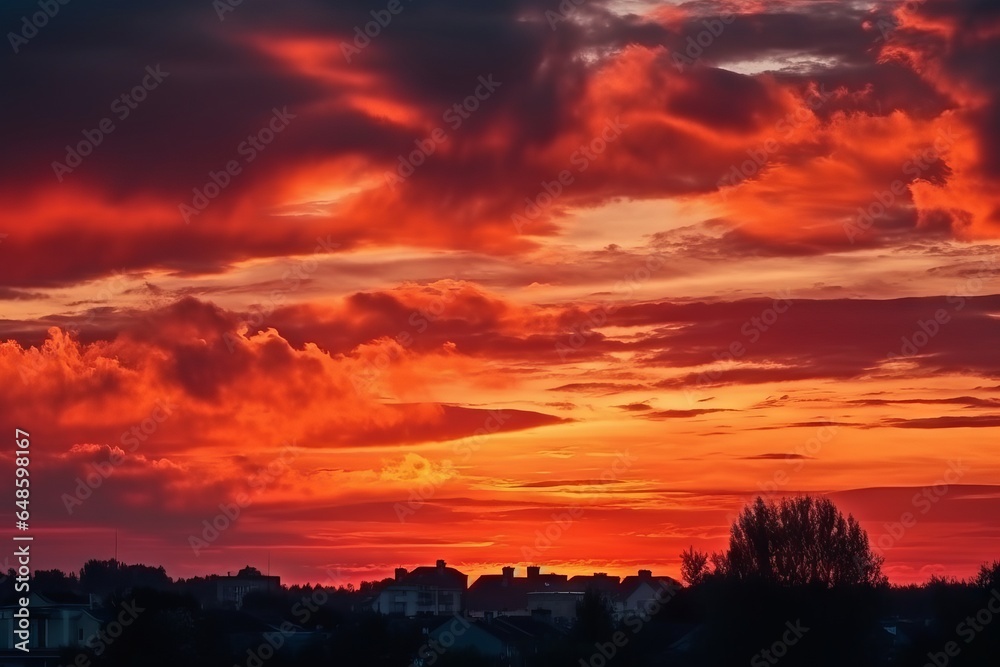 A vibrant sunset with red and orange hues painting the sky