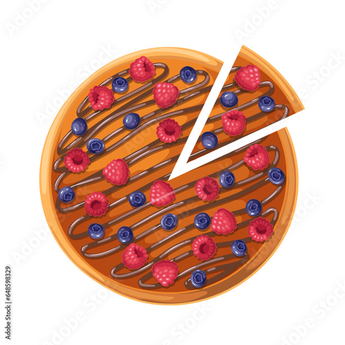 Sweet pie with berry and slice, top view vector illustration. Cartoon isolated baked round sliced tart with raspberry, blueberry and chocolate swirls on custard, triangle pie piece for eating