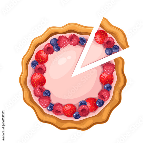 Sweet pie with berry, top view vector illustration. Cartoon isolated baked round tart with raspberry, blueberry and crust, whole homemade cake and cut pie slice for serving dessert at home or cafe