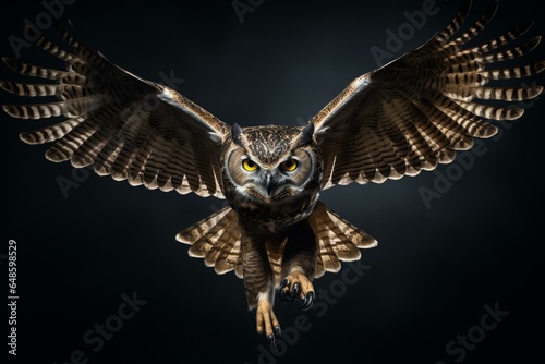 Flying eagle owl with open wings and vibrant yellow eyes on a dark background. Generative AI