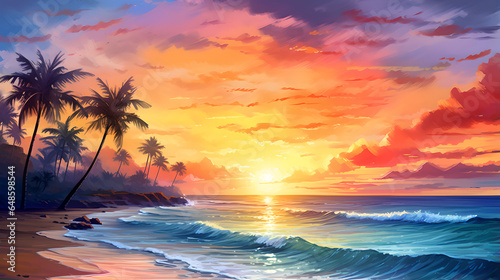Summer background palms, sky and sea sunset. gorgeous landscape, watercolor