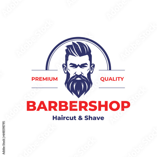 Stylish barber shop logo featuring a dashing man with a beard and mustache. vintage barbershop emblems, labels, badges, logos.