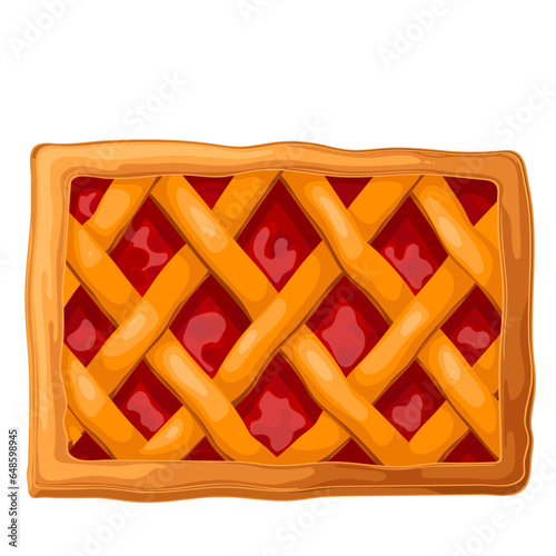 Sweet pie with fruit jam filling, top view vector illustration. Cartoon isolated whole baked rectangular cake with shortcrust pastry lattice and red berry filling, autumn and summer homemade dessert