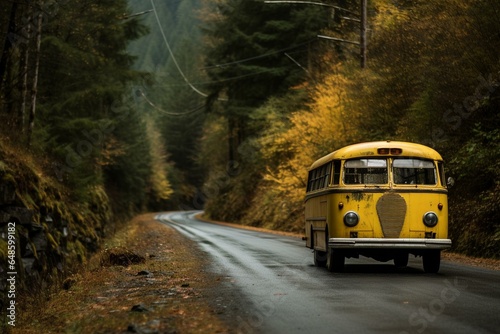 A yellow bus travels along a rustic road in Washington. Generative AI