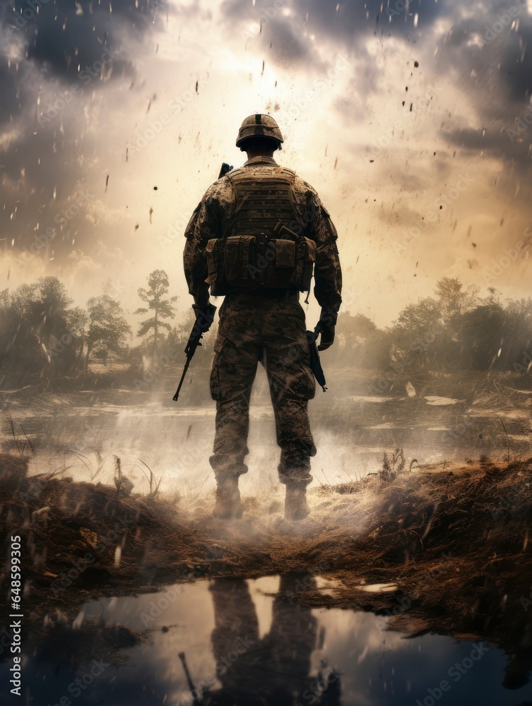 Double exposure of a soldier on battlefield, isolated on white background Double exposure of a soldier on battlefield, isolated on white background