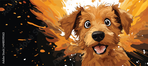 Commercial banner with canine figure in material vector style, contrasted against abstract, summer-inspired backdrops. Space allocated for client messaging. Ideal for promotional design and banner app