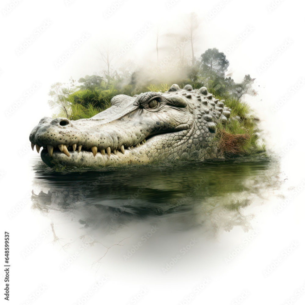 Obraz premium Double exposure of a crocodile aligator isolated white background