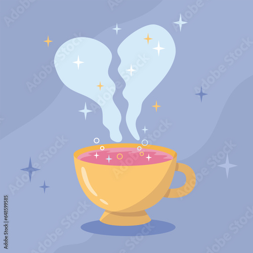 Cup with a magical liquid for fortune telling on tea leaves. Steam in the form of a broken heart. Magic witchcraft Halloween attributes in flat cartoon style.