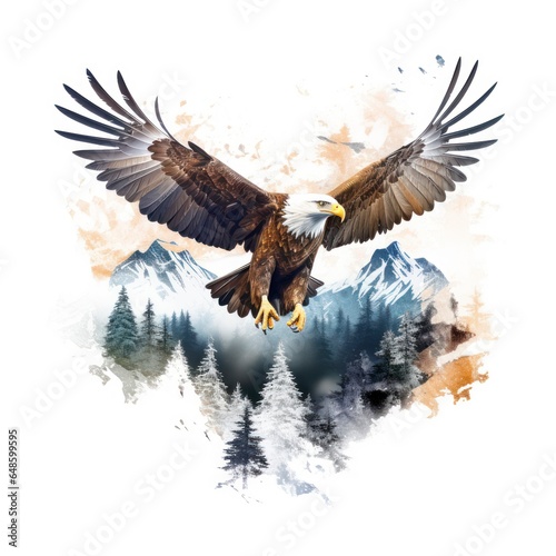 Double exposure of an eagle with mountains isolated white background