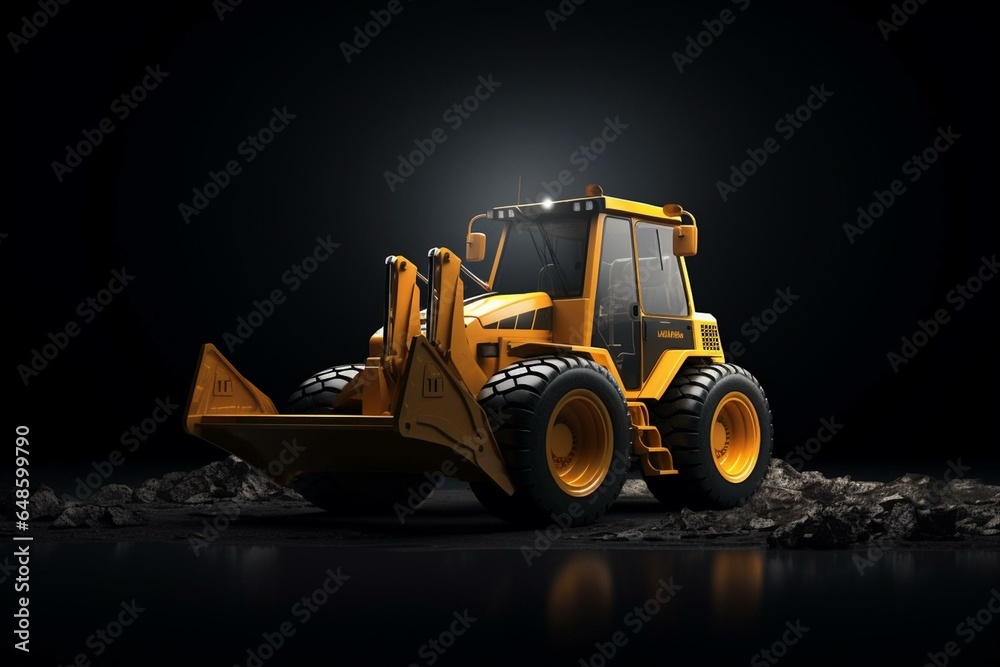 A bulldozer on a dark background with space for text. A template displaying construction machinery. An illustration created in 3D. Generative AI
