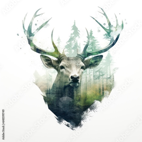 Double exposure of a deer in forest, isolated on white background © shooreeq