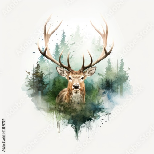 Double exposure of a deer in forest isolated white background © shooreeq