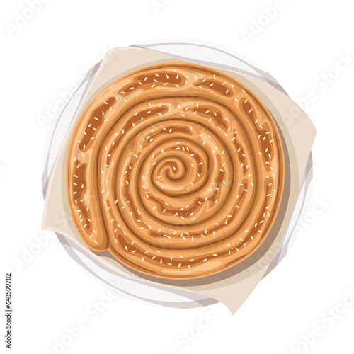 Borek pie, top view vector illustration. Cartoon isolated round pie of traditional Greek and Turkish, Serbian and Bosnian cuisine, hot filo pasty roll with cheese and spinach fillings or meat