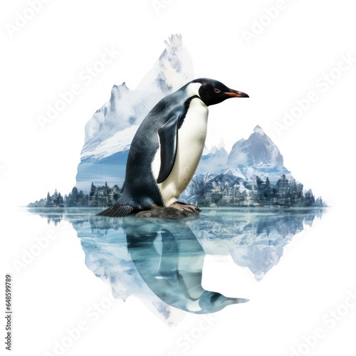Double exposure of a penguin  isolated on white background