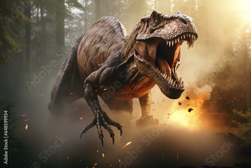 A fierce t-rex attack in a 3D rendering. Generative AI © Rhea
