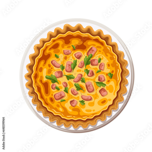 Quiche on plate, top view vector illustration. Cartoon isolated whole round cheesy pie of traditional French cuisine, traditional gourmet baked tart with bacon, cheese and onion, savory quiche