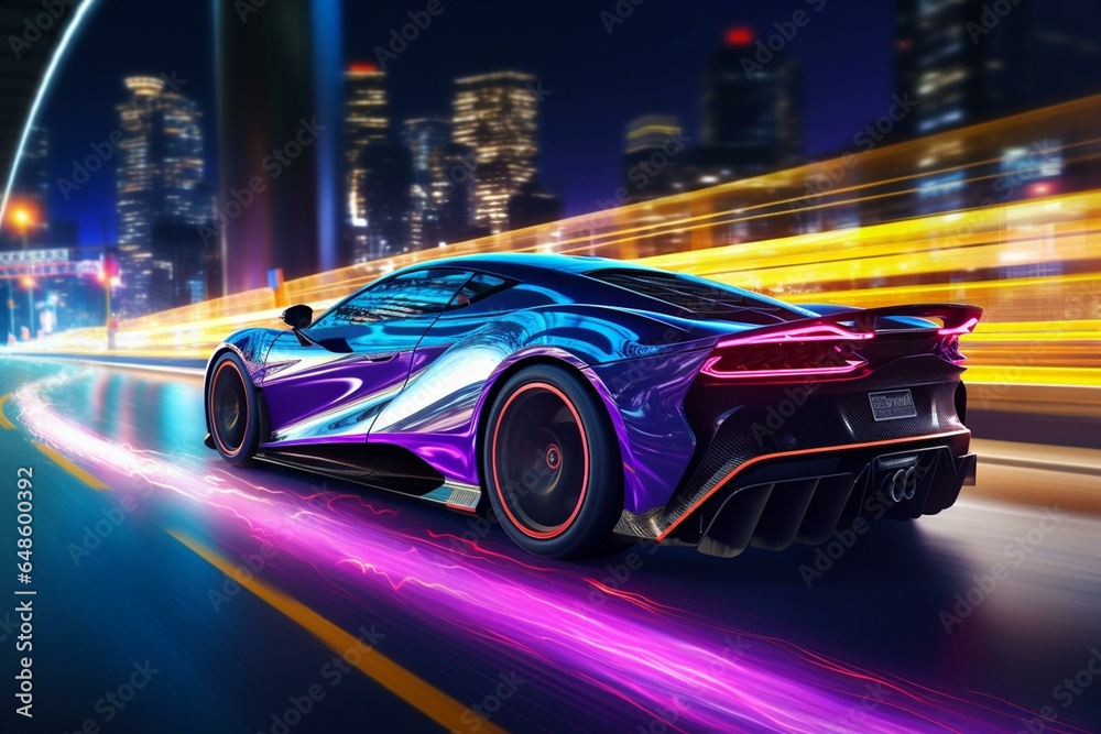 Fast sports car on vibrant highway, accelerating with dynamic trails under colorful night lights. Stunning 3D rendering. Generative AI