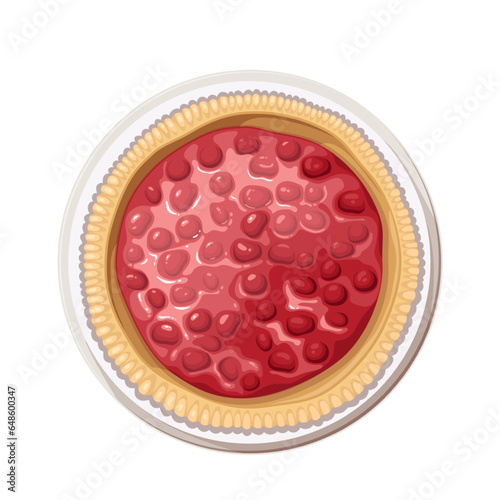 Cherry pie on plate, above view vector illustration. Cartoon isolated whole open round baked tart with rustic shortcrust pastry and cherry filling, sweet festive berry dessert of American cuisine