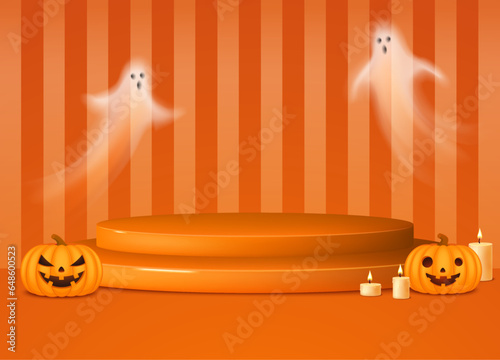 Halloween striped room with product display stage, haunted pumpkins and candles. Spooky Halloween template or banner.