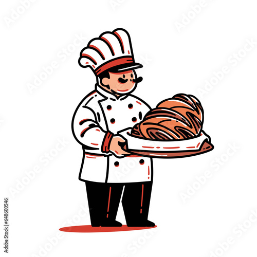 pastry chef bakes a croissant in minimalistic, black and red line work, japan web vector illustration