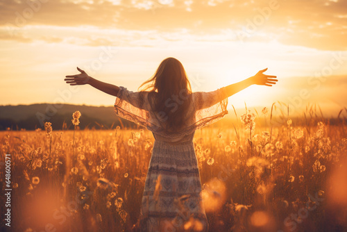 Happy woman raised her hands up in a beautiful meadow during sunset. Woman enjoying life at sunset in a field with wildflowers. Generative AI photo