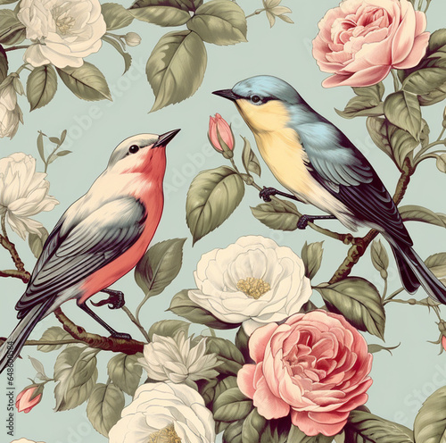 England rose garden and birds in colourful spring background. Hand drawn, watercolour style © Amanita Li