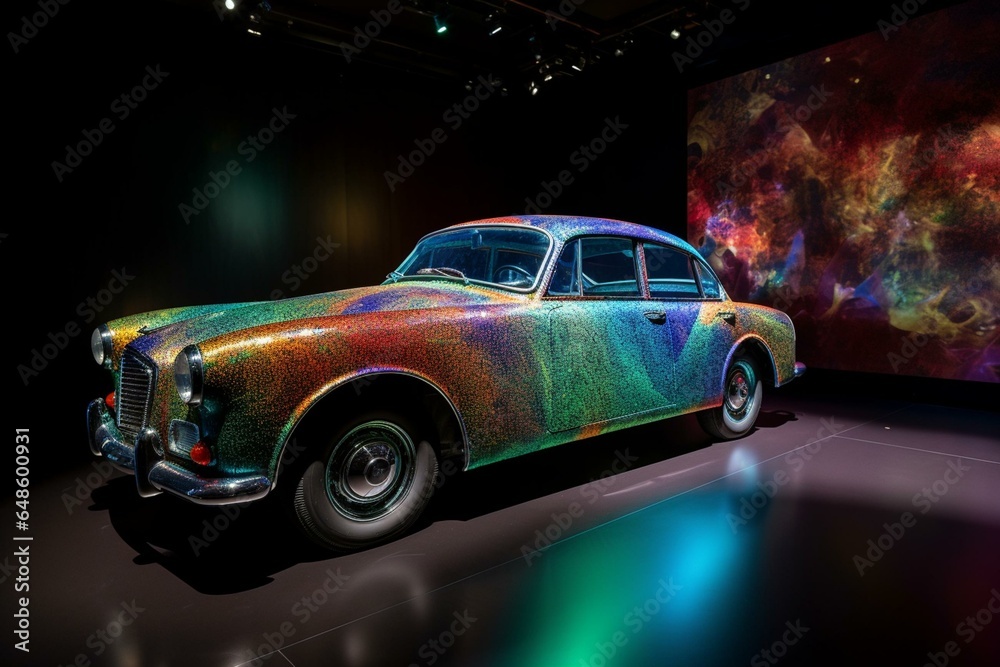 Colourful car with holographic chameleon design showcased at an exhibition. Generative AI