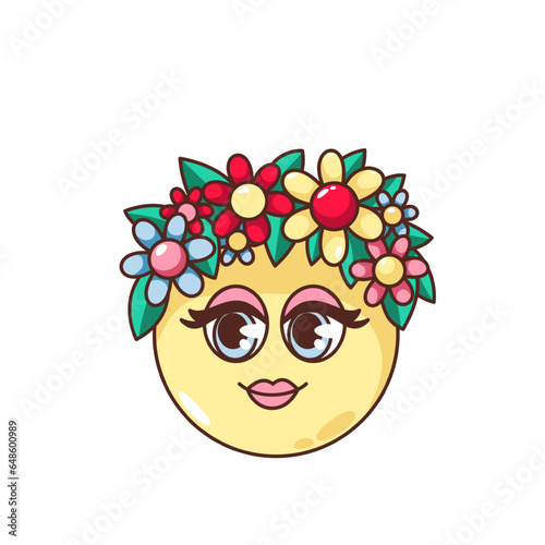 Groovy hippy emoji with flower wreath vector illustration. Cartoon isolated psychedelic retro sticker with female emoticon character, funky hippie emoji with funny face and cute floral decoration