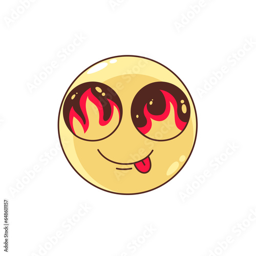 Groovy trippy emoji with fire in eyes vector illustration. Cartoon isolated psychedelic funky yellow emoji, cute comic positive character in acid trip and magic flame of desires, hippie crazy vibes