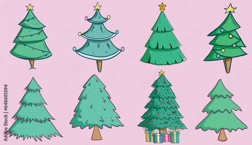 Christmas Decoration Trees Beautiful Doodle Set Graphic Design for Xmas Projects