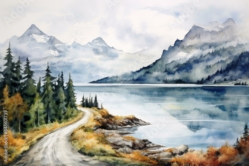 Stunning watercolor scenery with road, mountains, lake, and cloudy sky. Rainy day journey depicted through art. Generative AI © Emrys