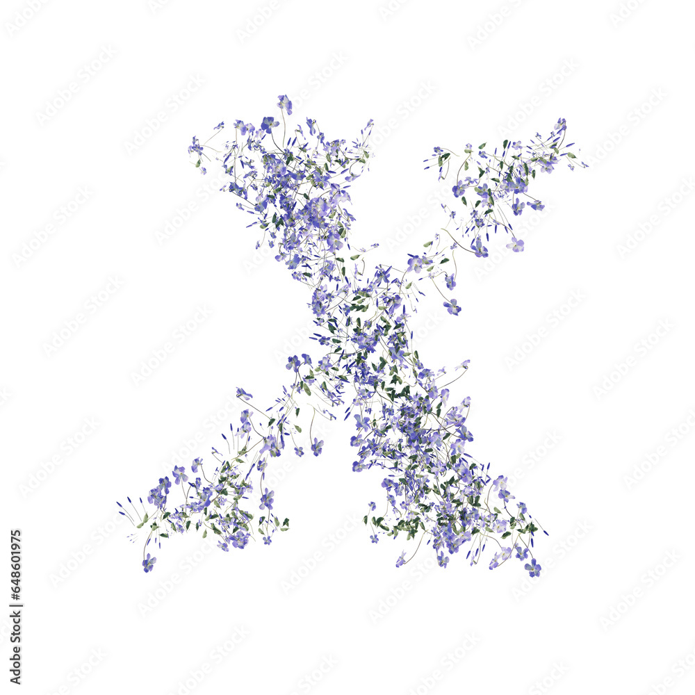 Font made of flowers and leaves, alphabet, font art 3d rendering with transparent background