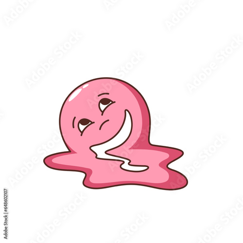 Groovy crazy emoji melts vector illustration. Cartoon isolated psychedelic funky pink emoticon character lying in puddle of lava liquid, melting happy funny chat emoji with sarcasm and laughter