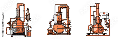 distiller operates copper still in minimalistic, black and red line work, japan web vector illustration