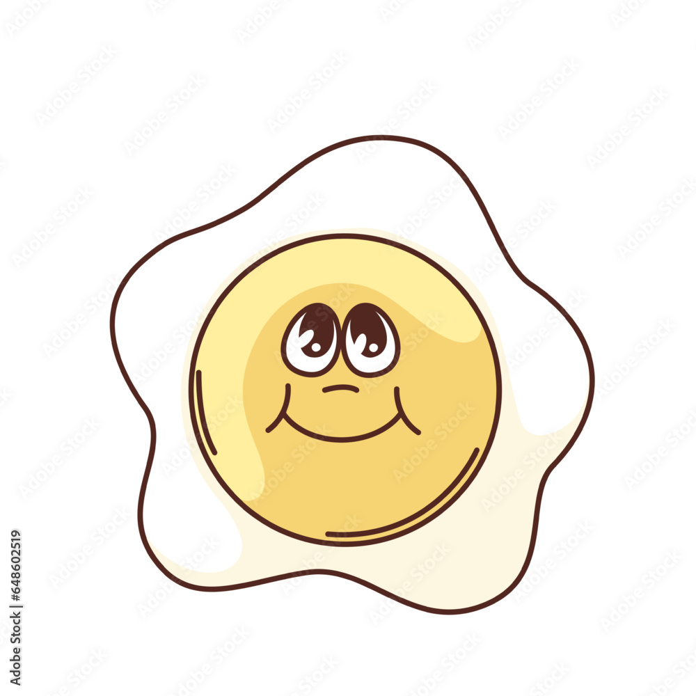Groovy fried egg emoji vector illustration. Cartoon isolated retro