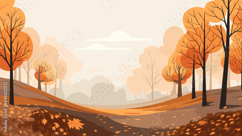simple vector illustration, simple colors, Illustration of a forest in autumn with leaves falling. Autumn landscape with autumn colors. Copy space is available.